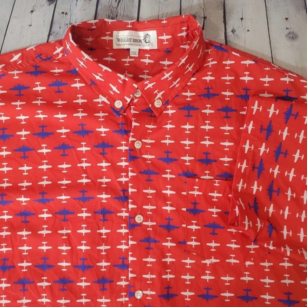 Sporty's Wright Bros 2XL Short Sleeve Button Down Shirt Airplanes Red Flying
